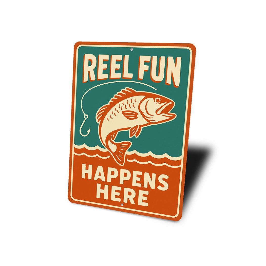 Retro Angler Metal Sign Reel Fun Happens Here Decor