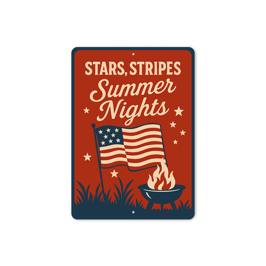 Stars Stripes Summer Nights Aluminum Sign Patriotic Decor