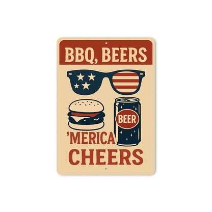BBQ Beers & Merica Cheers Metal Sign Patriotic Party Decor