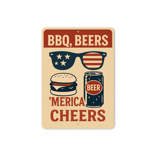 BBQ Beers & Merica Cheers Metal Sign Patriotic Party Decor