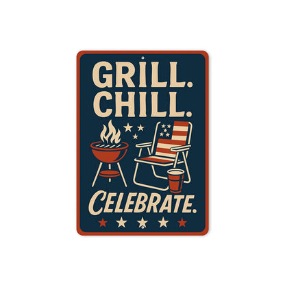 Grill Chill Celebrate Metal Sign Backyard BBQ Party Decor