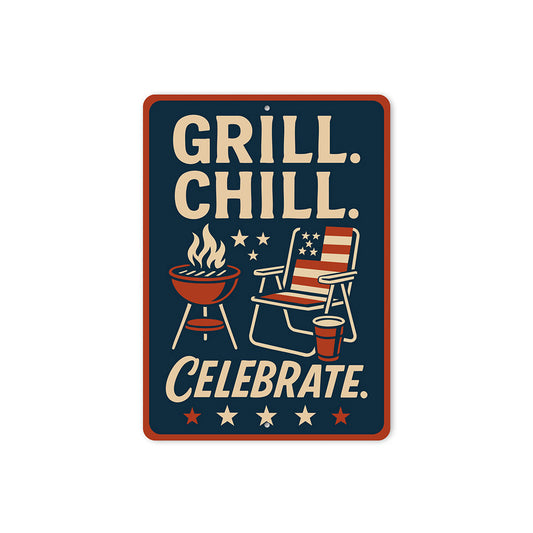 Grill Chill Celebrate Metal Sign Backyard BBQ Party Decor