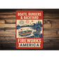 Boats Burgers & Backyard Fireworks Aluminum Sign Patriotic