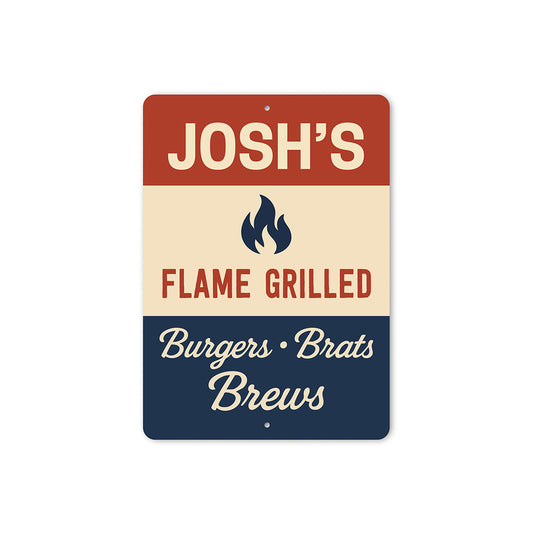Personalized Flame Grilled Burgers Brats Brews Metal Sign