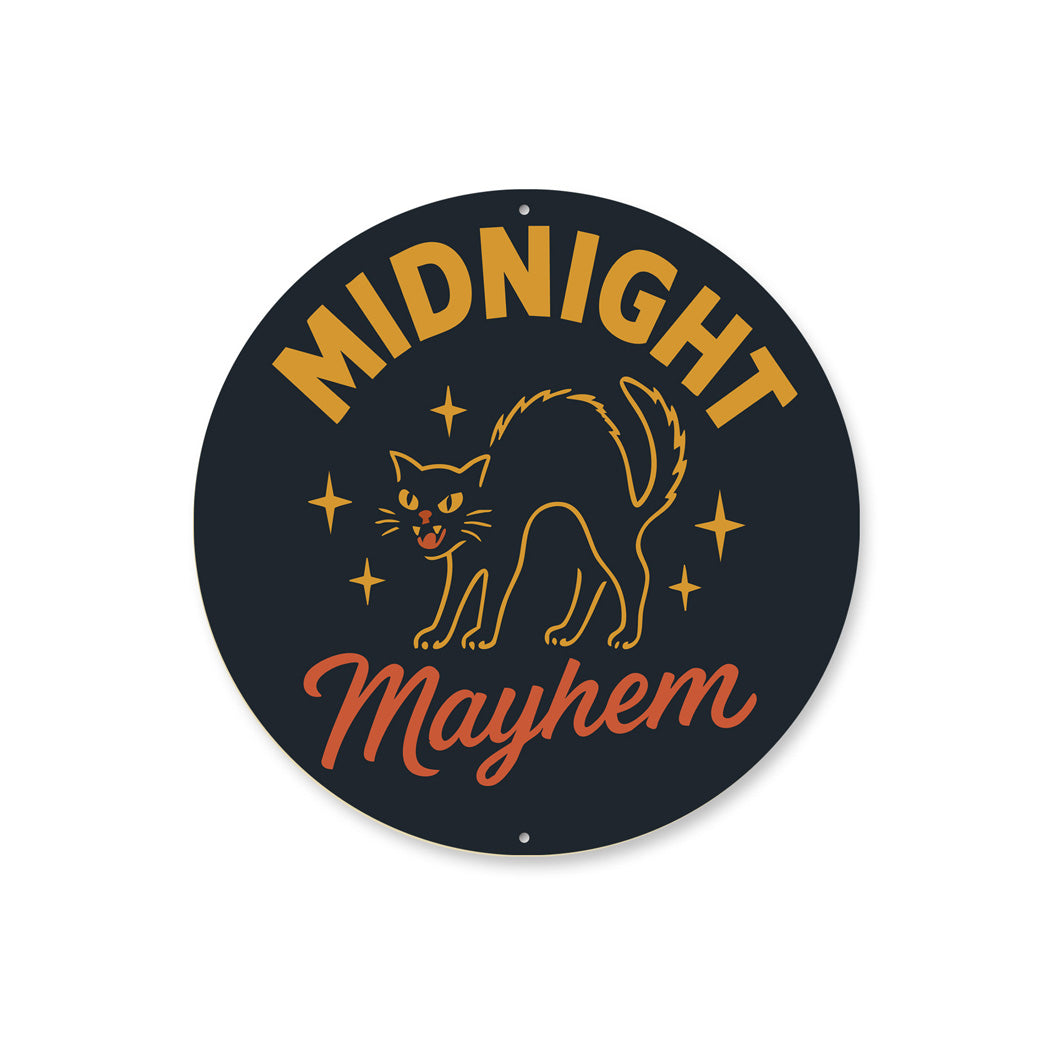 Midnight Mayhem Black Feline Hissing Cat Round Sign