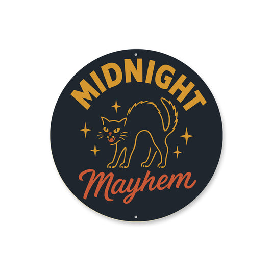 Midnight Mayhem Black Feline Hissing Cat Round Sign