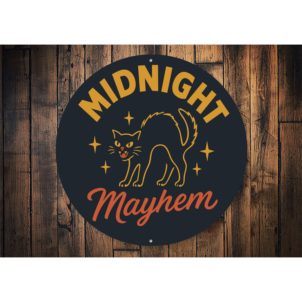 Midnight Mayhem Black Feline Hissing Cat Round Sign