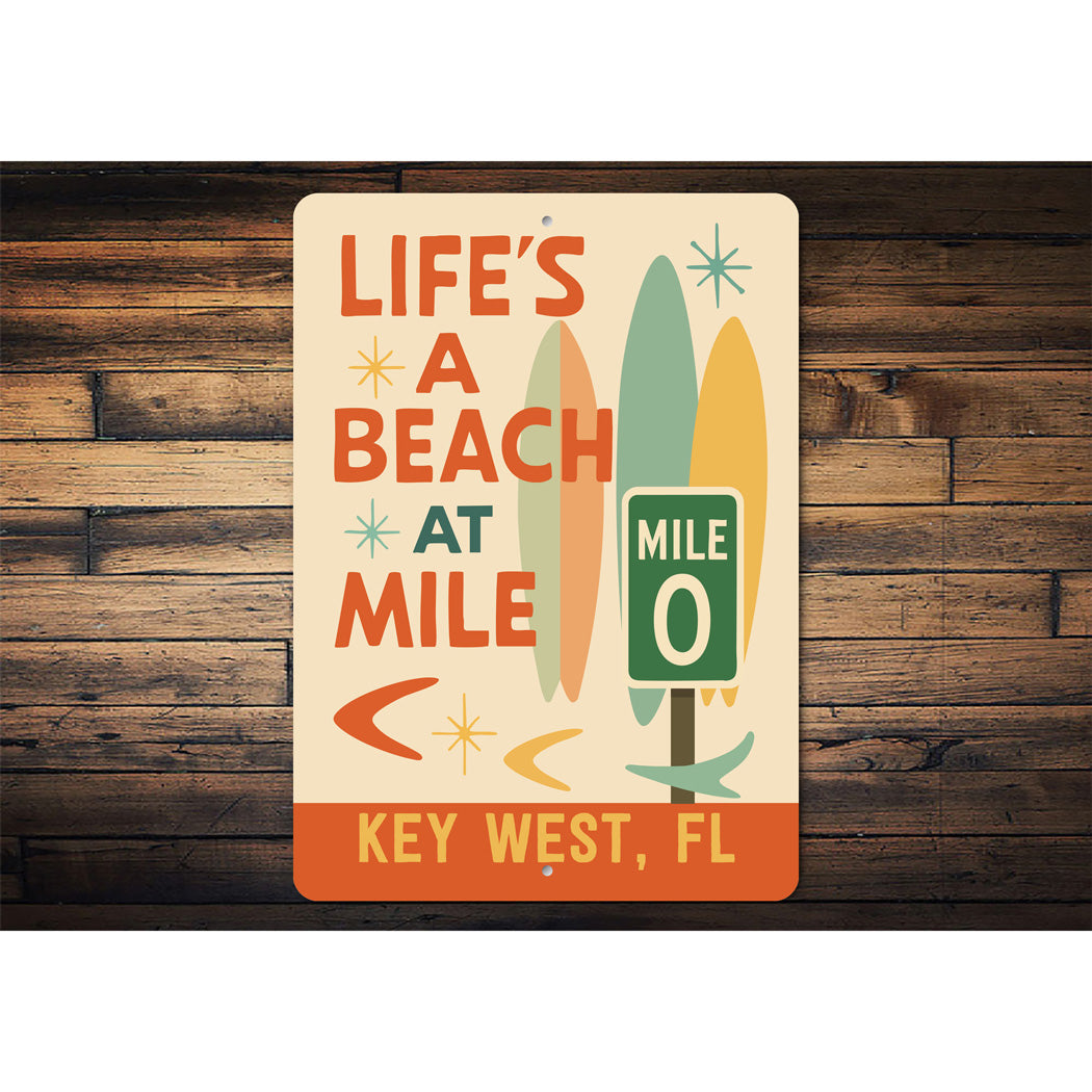 Life's A Beach At Mile 0 Marker Key West Surfboard Sign