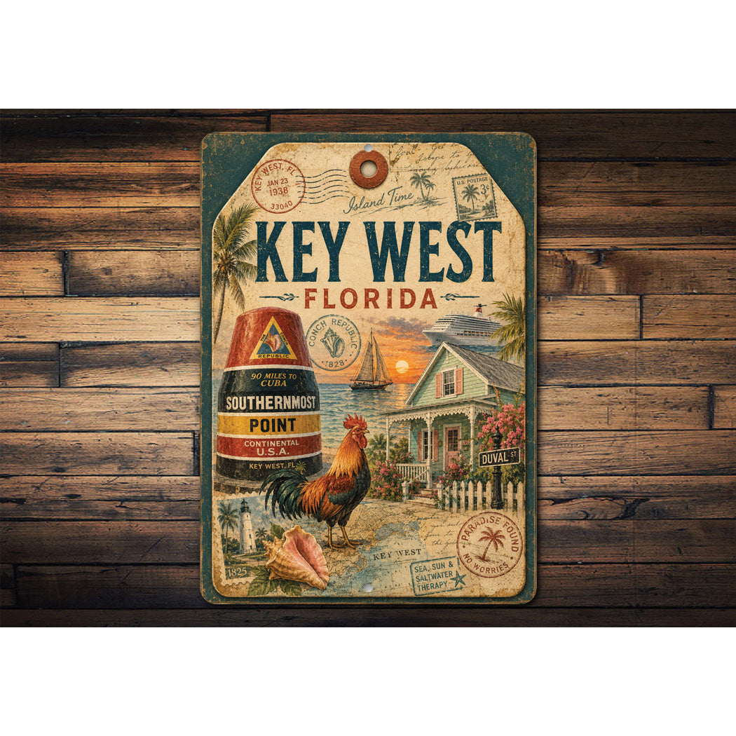Key West Buoy and Rooster Rustic Sign