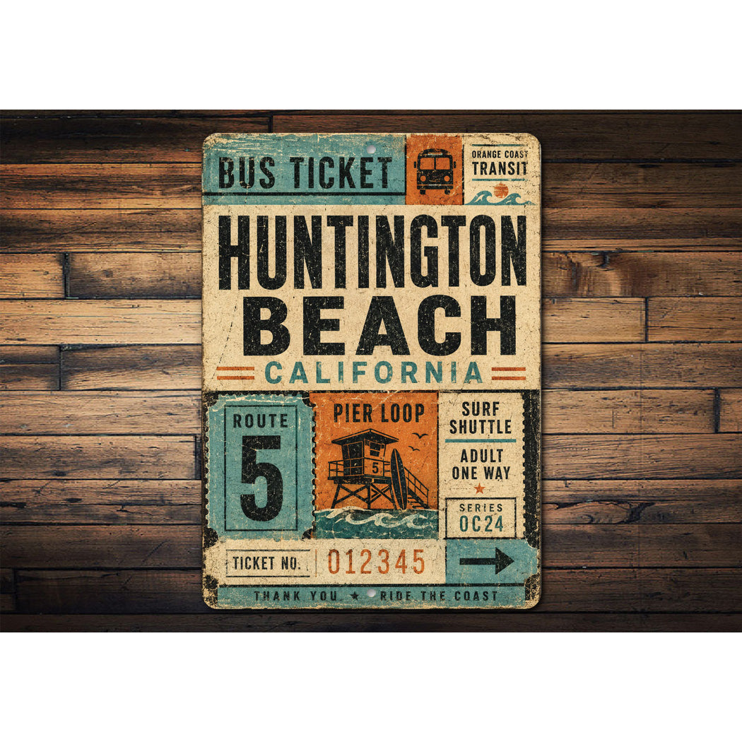 Huntington Beach Bus Rustic Sign