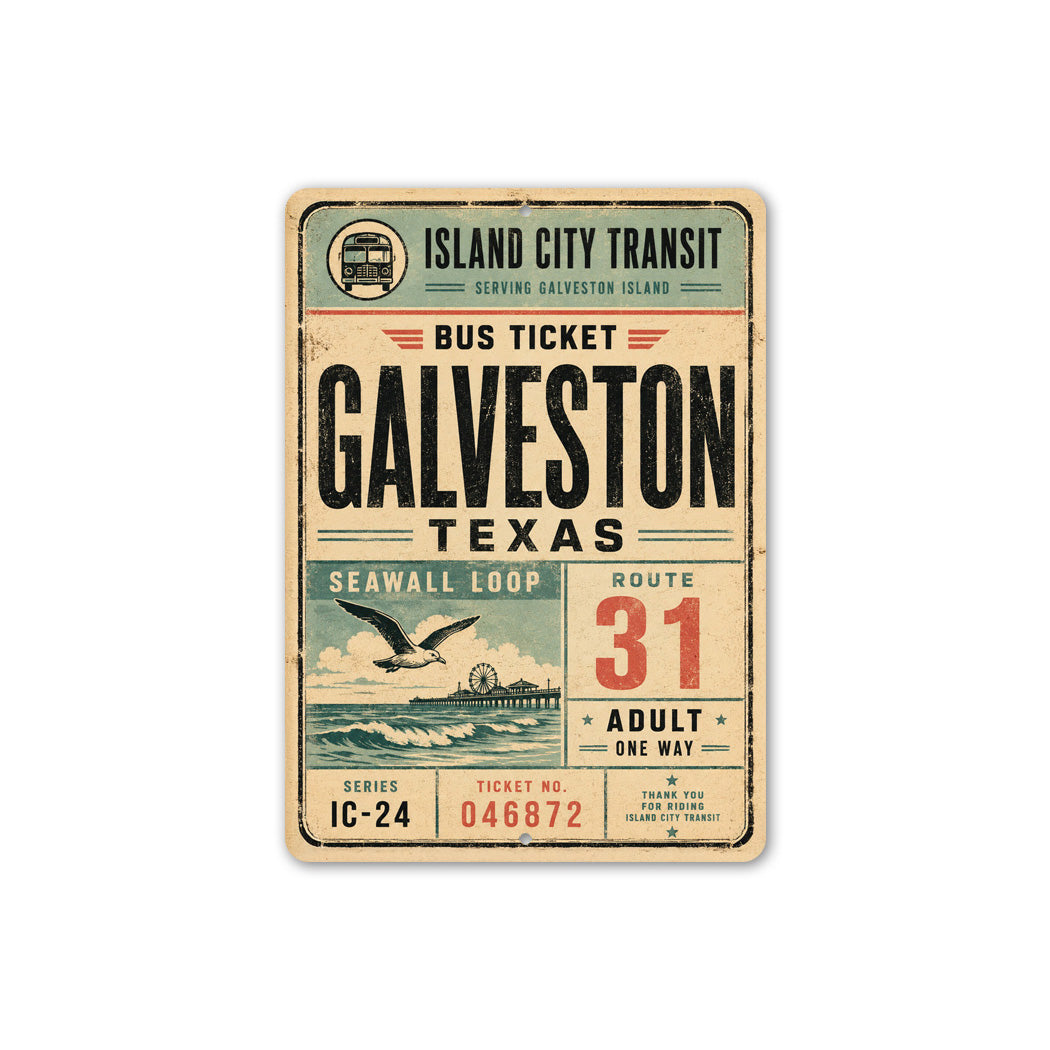 Galveston Bus Ticket Rustic Sign