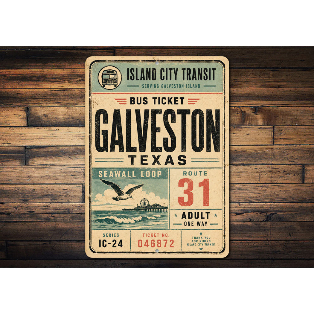 Galveston Bus Ticket Rustic Sign