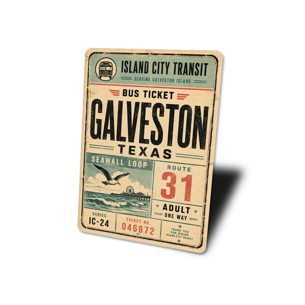 Galveston Bus Ticket Rustic Sign
