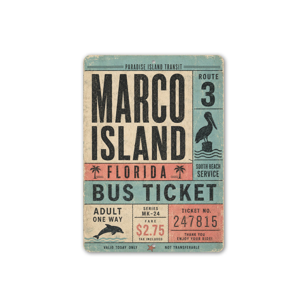 Marco Island Bus Ticket Rustic Sign