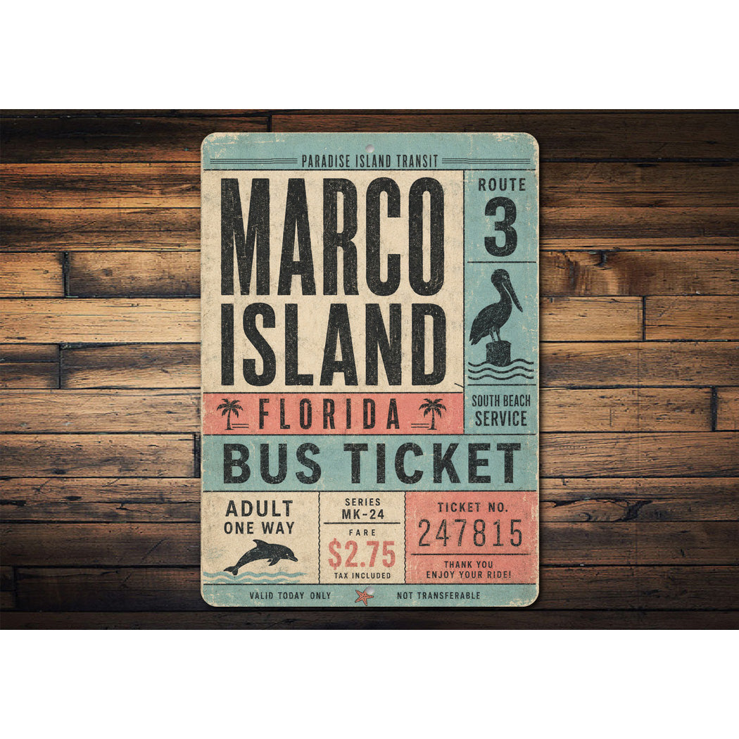 Marco Island Bus Ticket Rustic Sign