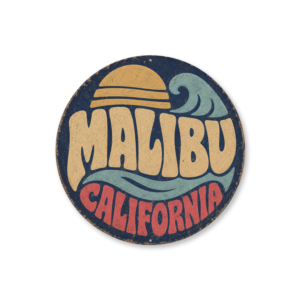 Malibu Sun and Waves Rustic Round Sign