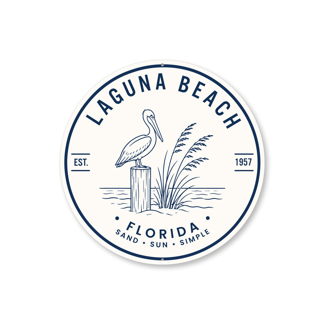 Laguna Beach Sand Sun Pelican Round Sign