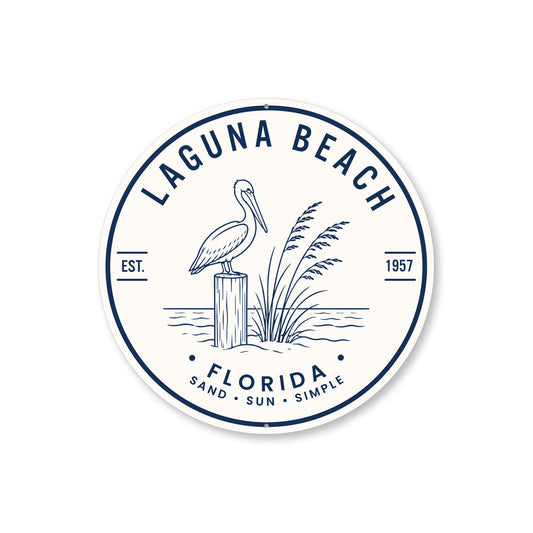 Laguna Beach Sand Sun Pelican Round Sign