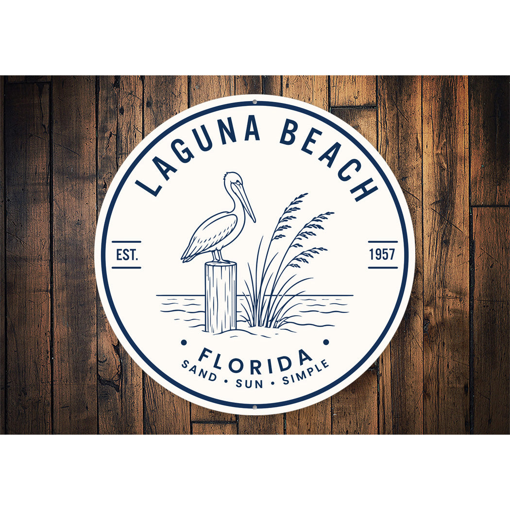 Laguna Beach Sand Sun Pelican Round Sign