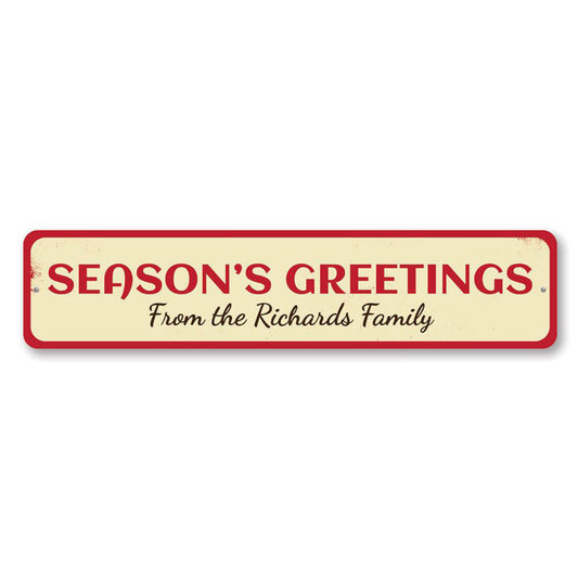 Season's Greetings Family Name Metal Sign