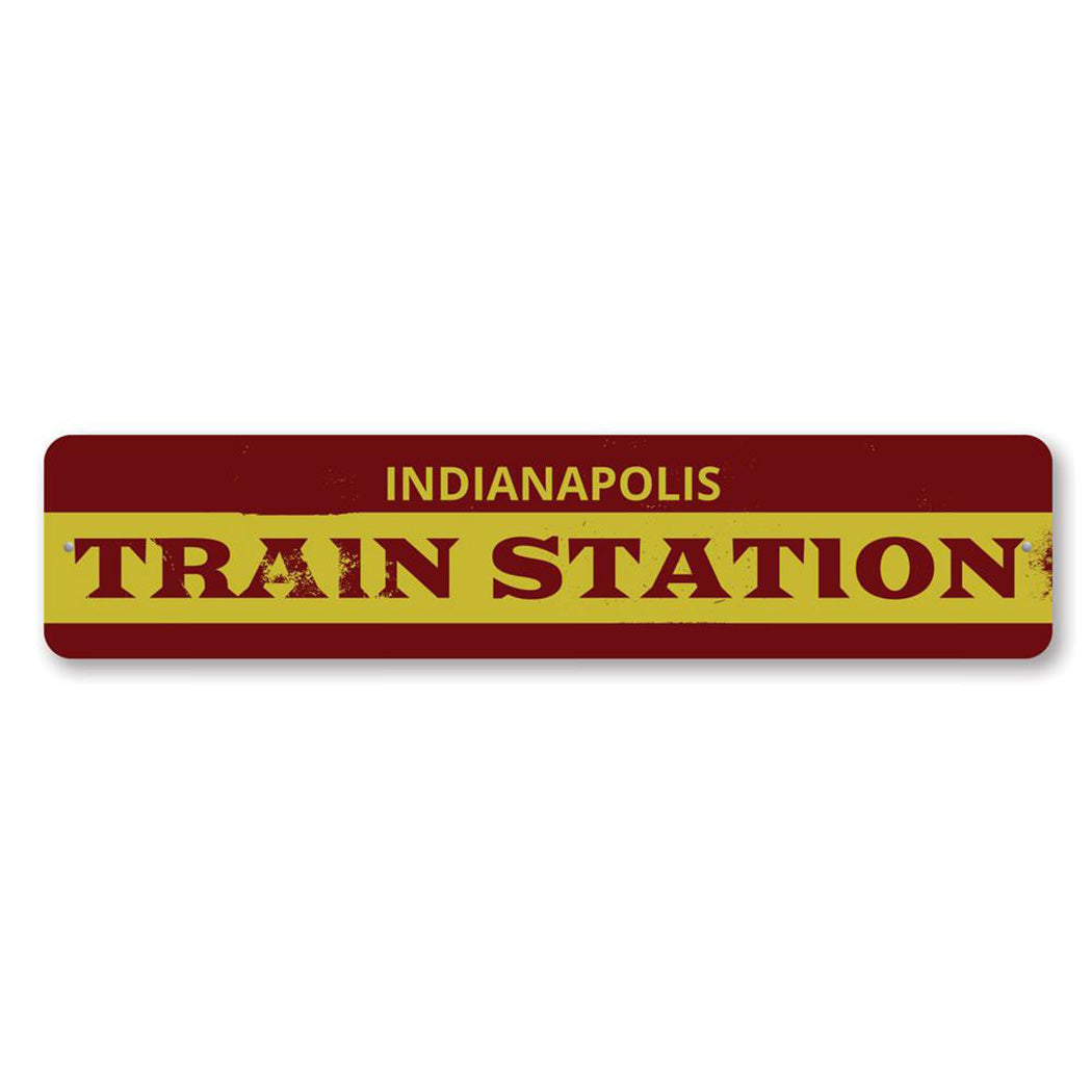 Train Station City Arrow Metal Sign