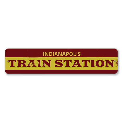 Train Station City Arrow Metal Sign