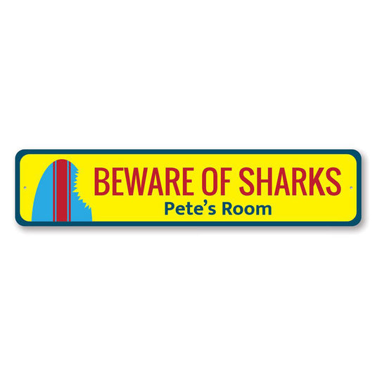 Beware of Sharks Surfboard Metal Sign
