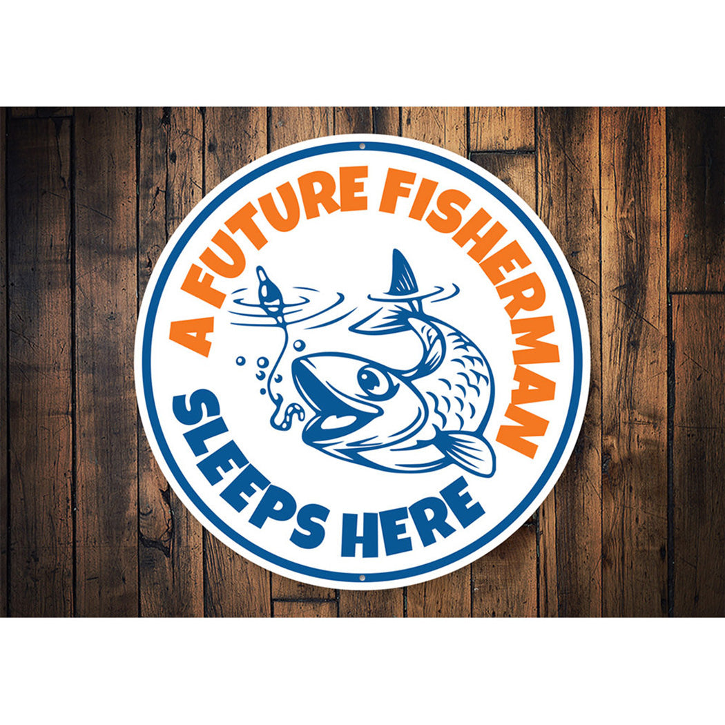 A Future Fisherman Sleeps Here Kid's Room Sign Aluminum Sign