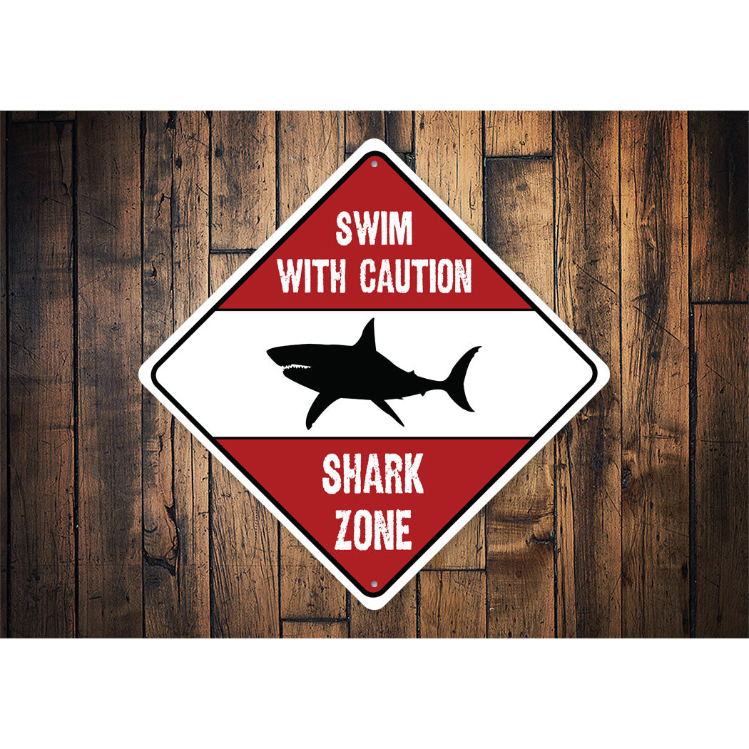 Swim Caution Shark Zone Diamond Sign