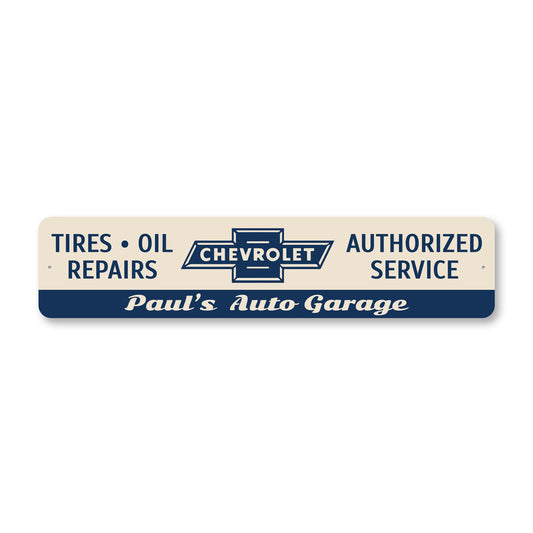 Custom Chevy Auto Garage Tires Oil Repairs Sign