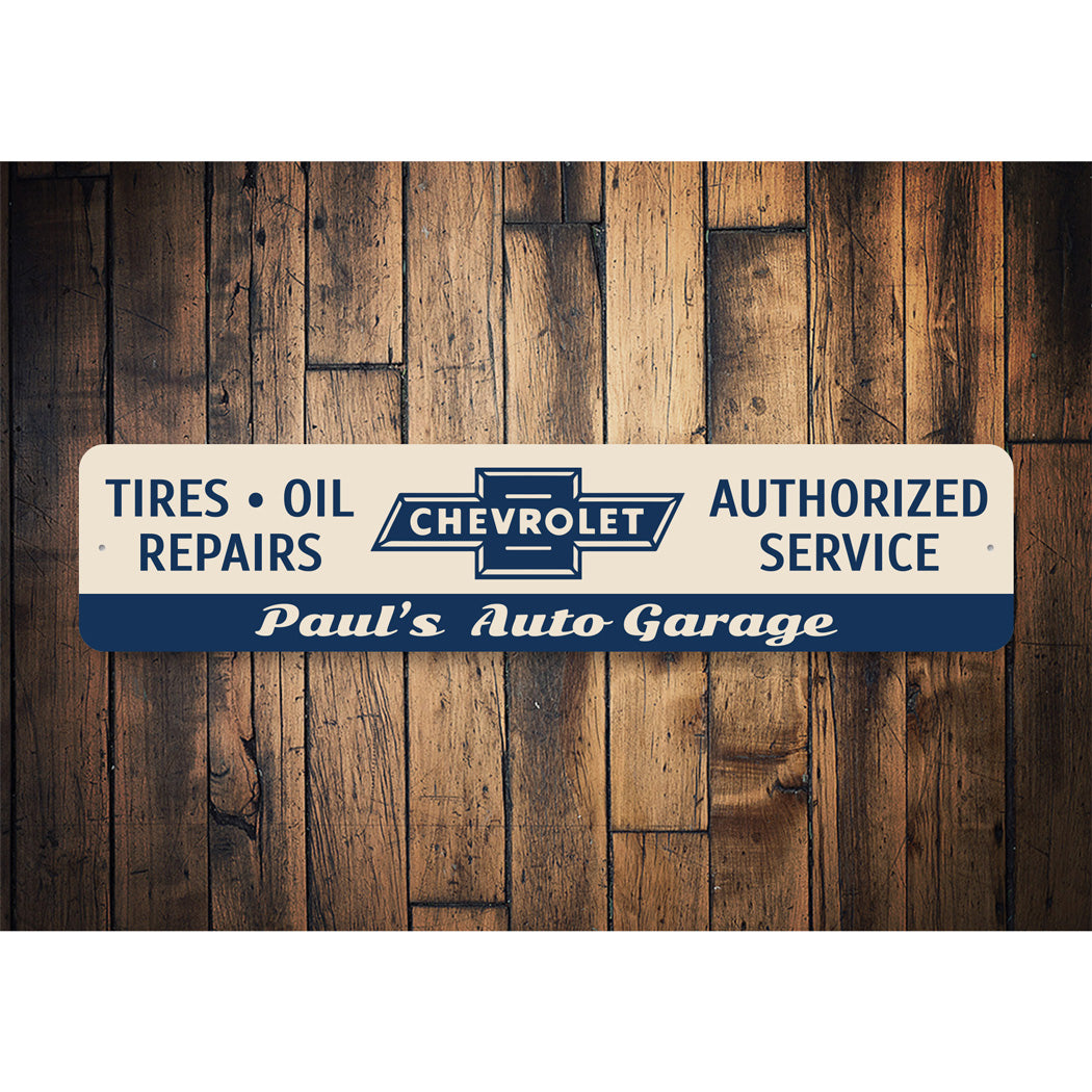 Custom Chevy Auto Garage Tires Oil Repairs Sign