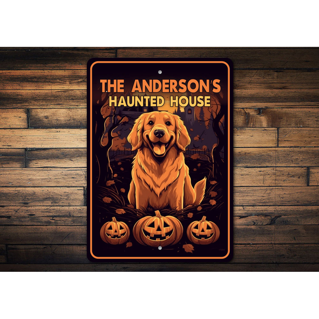 Haunted House Golden Retriever Halloween Pumpkin Sign