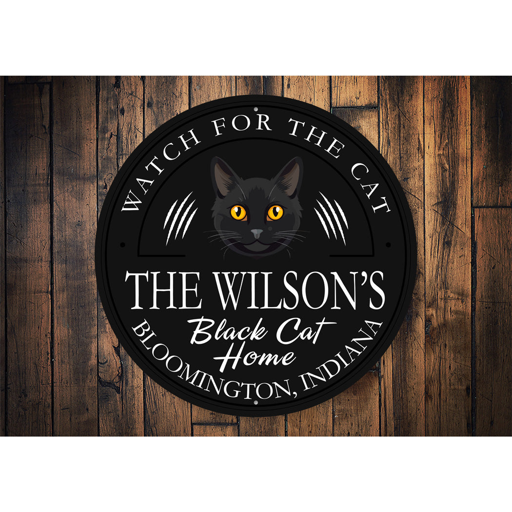 Custom Family Name Black Cat Home Round Sign
