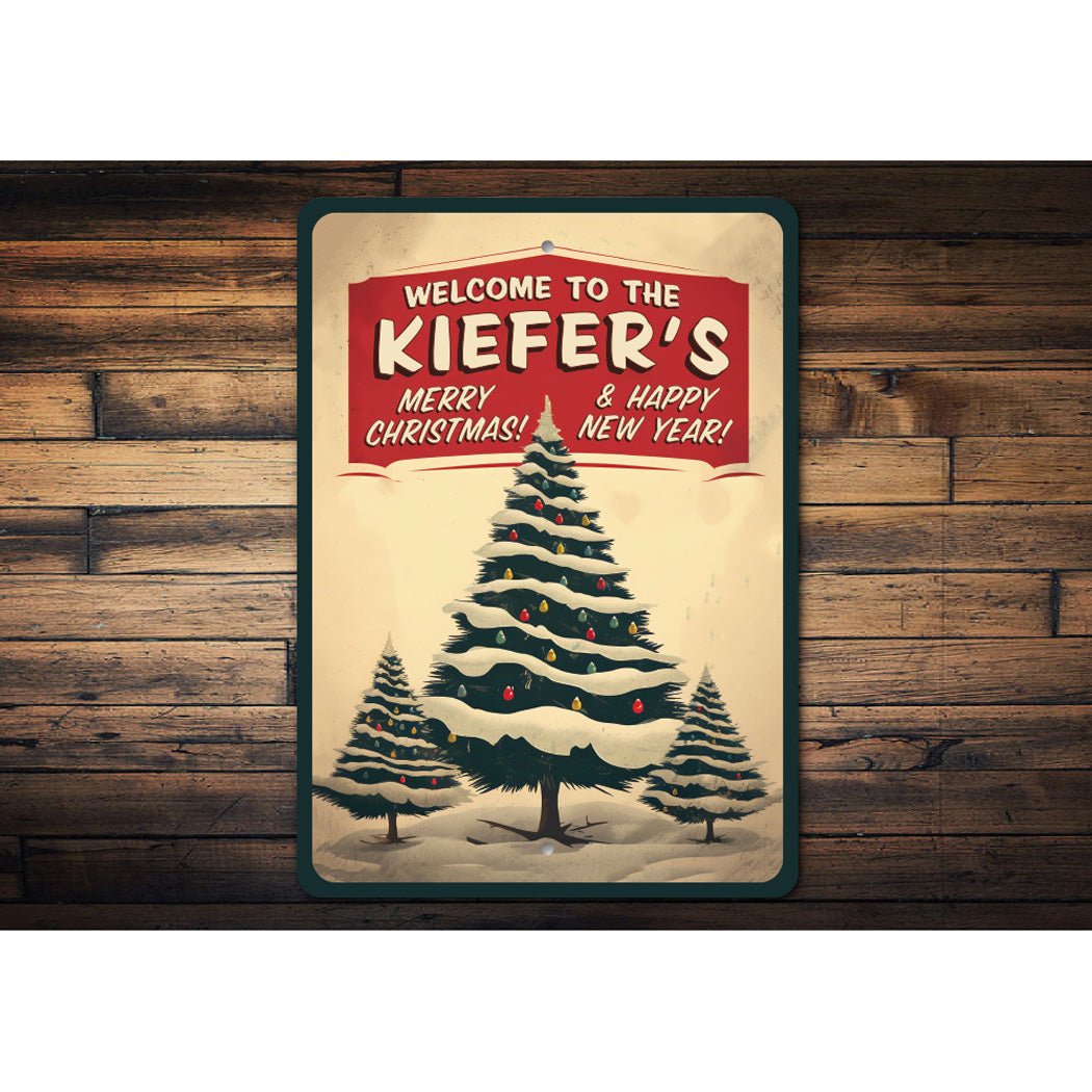 Xmas Tree Custom Family Name Merry Christmas Sign