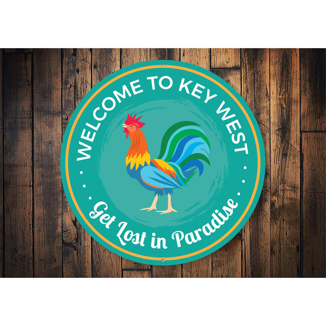 Get Lost In Paradise Beach Metal Sign, Keywest Rooster Metal Sign